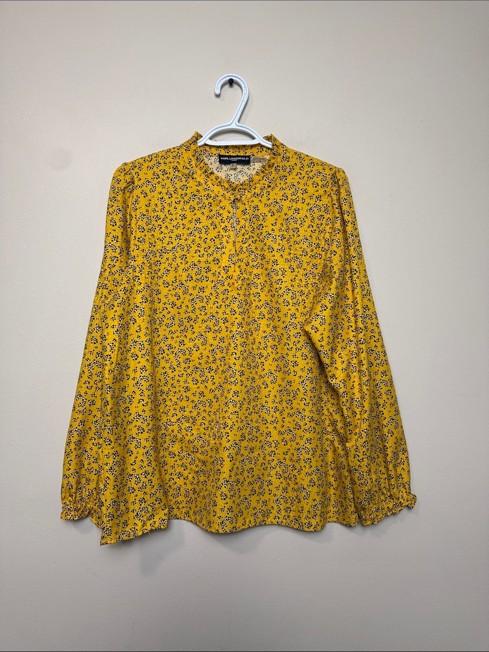Karl Lagerfield Mustard Yellow Floral Ruffle-Neck Blouse size L